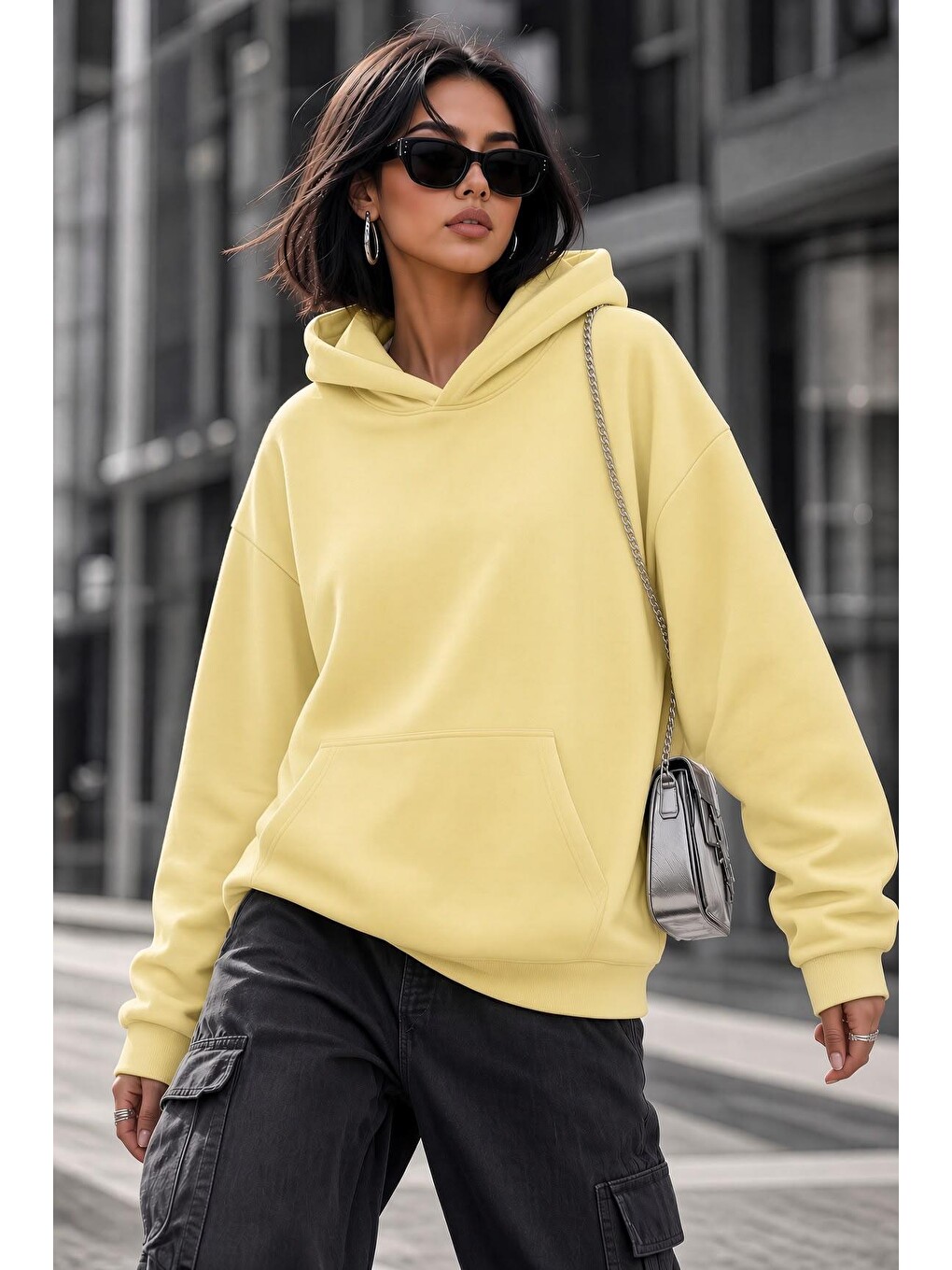 Sarı Bery Kadın İki İplik Şardonlu Oversize Kapüşonlu Basic Sweatshirt | Kanguru Cepli Düz Renk Günlük Ho