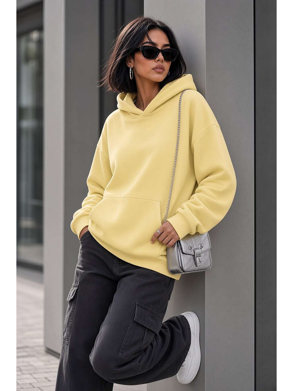 Sarı Bery Kadın İki İplik Şardonlu Oversize Kapüşonlu Basic Sweatshirt | Kanguru Cepli Düz Renk Günlük Ho-1