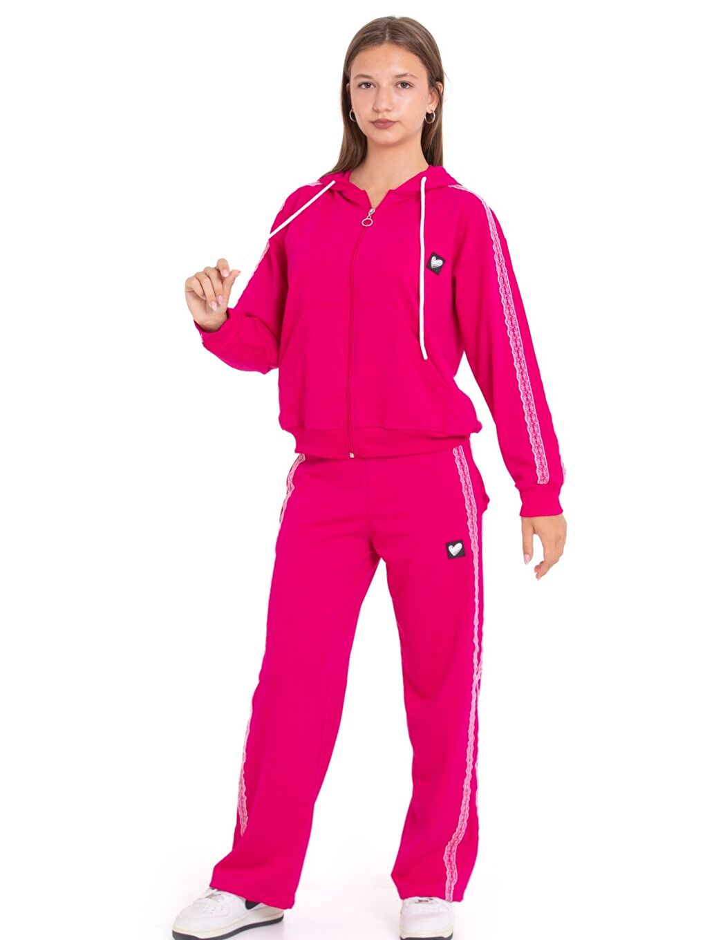 Fuşya Kız Çocuk Eşofman Takımı Nakış Seritli Kapüşonlu Fermuarlı 2 İplik 12215.1-2