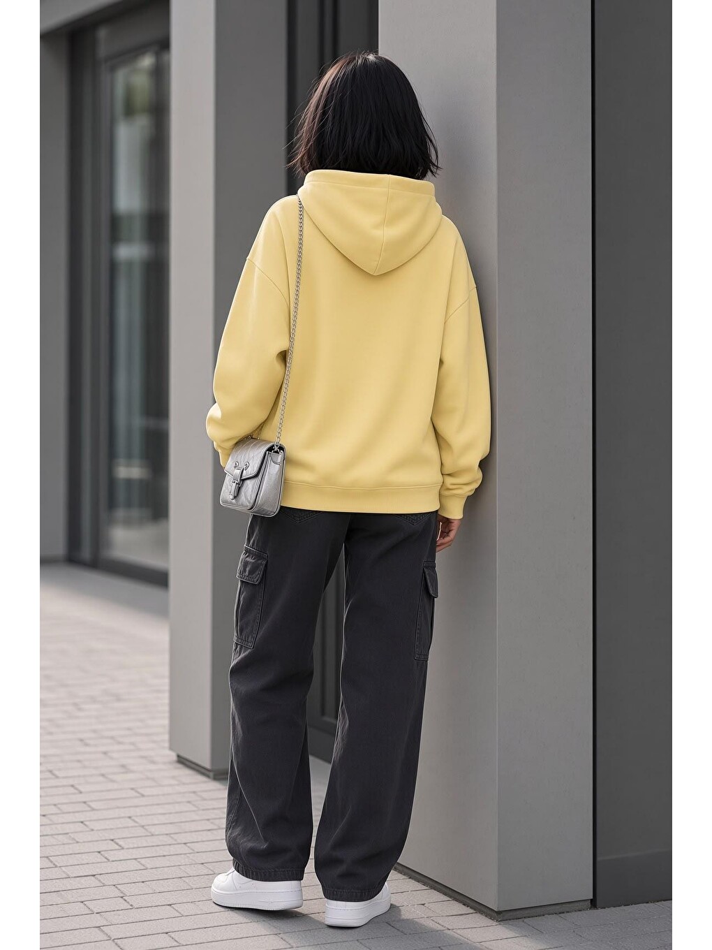 Sarı Bery Kadın İki İplik Şardonlu Oversize Kapüşonlu Basic Sweatshirt | Kanguru Cepli Düz Renk Günlük Ho-2