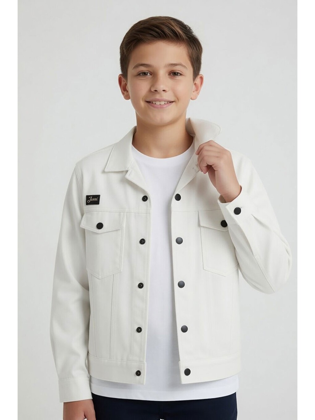 Beyaz Erkek Çocuk Göğüs Cepli Gabardin Uzun Kol Ceket 24587-1