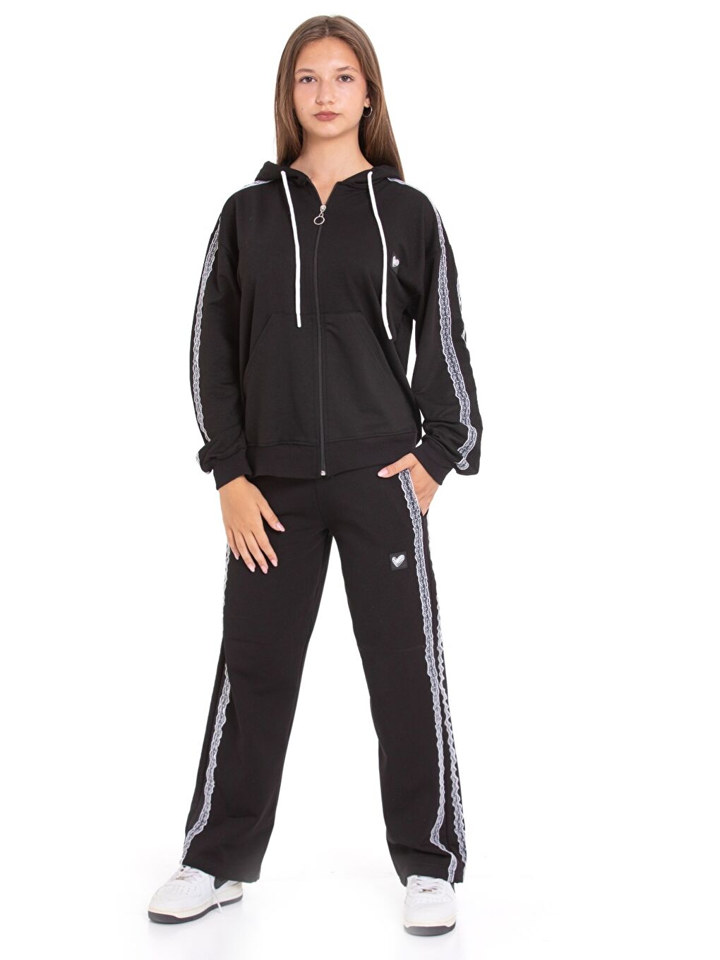 Siyah Kız Çocuk Eşofman Takımı Nakış Seritli Kapüşonlu Fermuarlı 2 İplik 12215.1-1