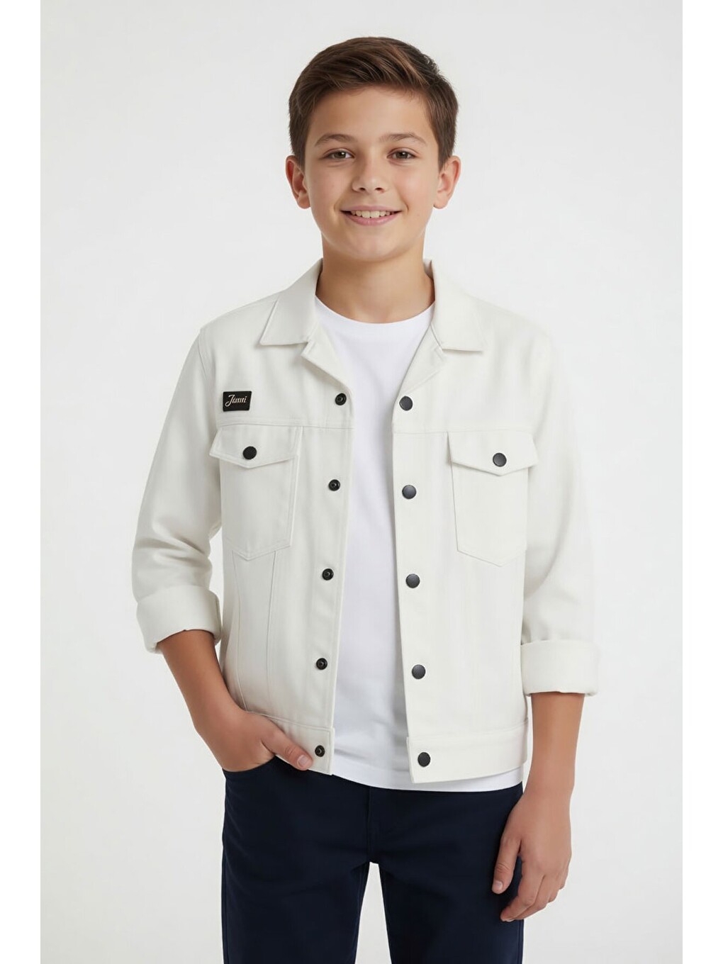 Beyaz Erkek Çocuk Göğüs Cepli Gabardin Uzun Kol Ceket 24587-2
