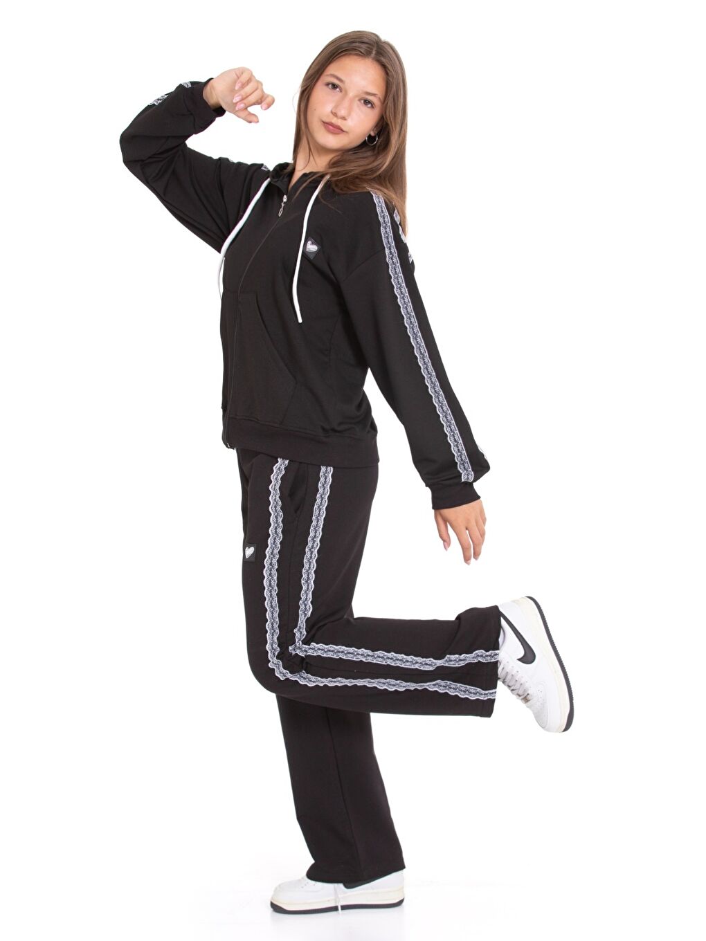 Siyah Kız Çocuk Eşofman Takımı Nakış Seritli Kapüşonlu Fermuarlı 2 İplik 12215.1-2