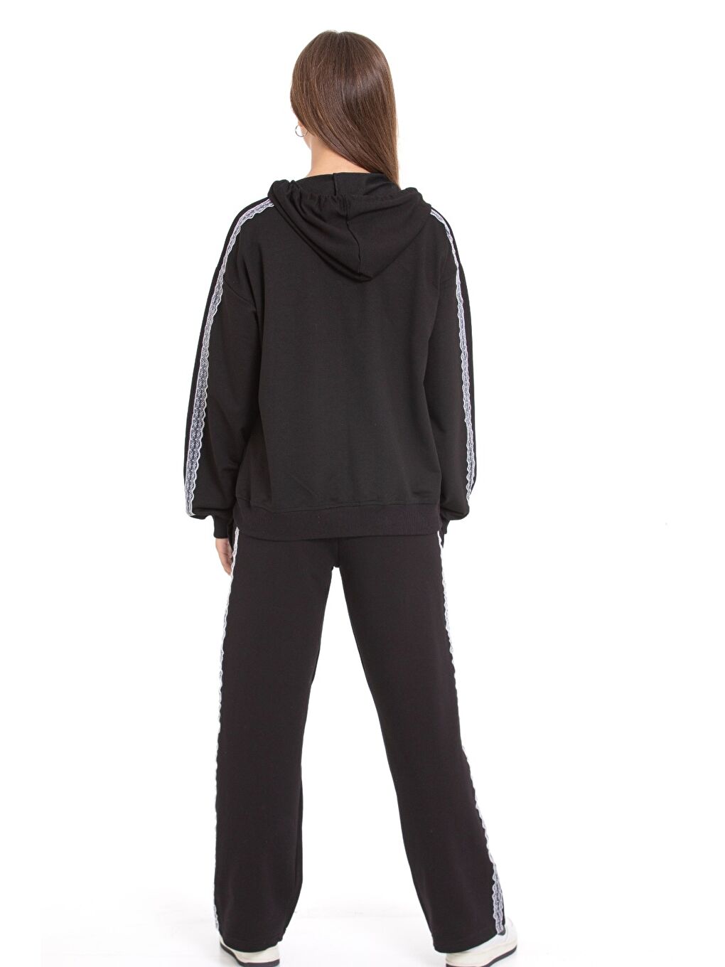 Siyah Kız Çocuk Eşofman Takımı Nakış Seritli Kapüşonlu Fermuarlı 2 İplik 12215.1-3