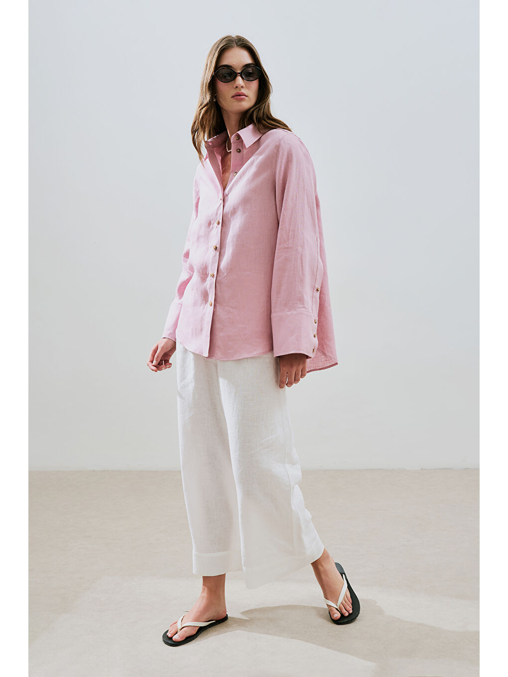 Keten Geniş Manşetli Gömlek Pembe-4