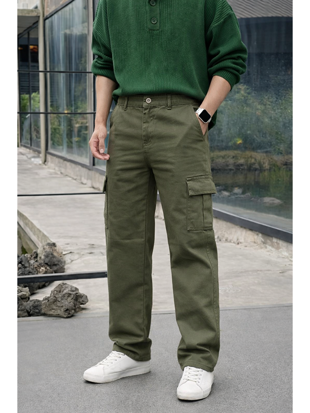 Erkek Yüksek Bel Premium Haki Kargo Baggy Pantolon