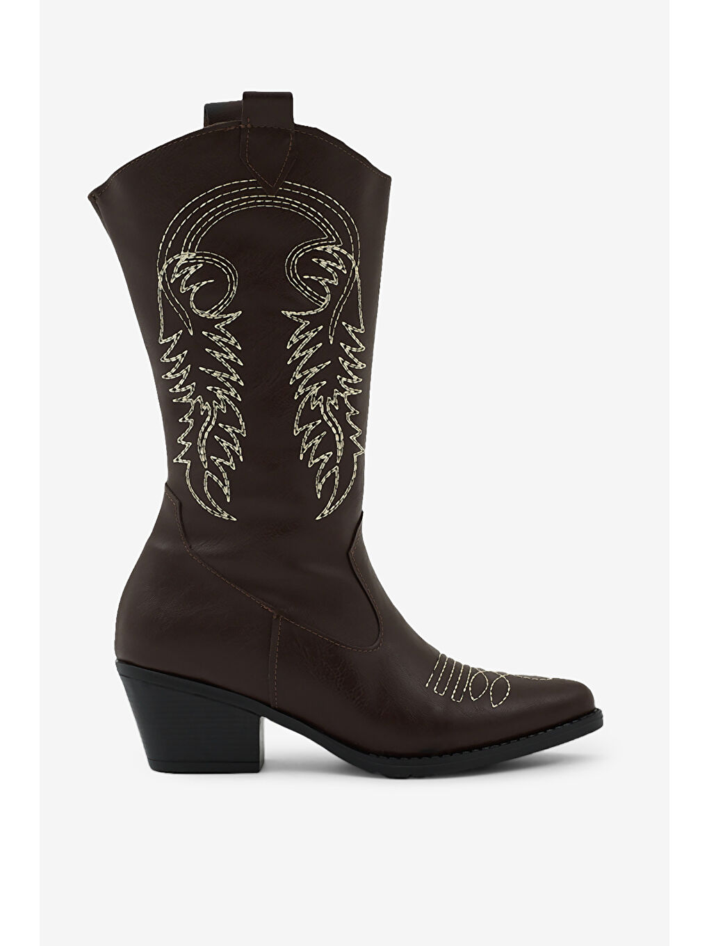 Kahverengi Kadın Kahve Termo Taban Nakış İşlemeli Fermuarlı Topuklu Western Kovboy Bot-3