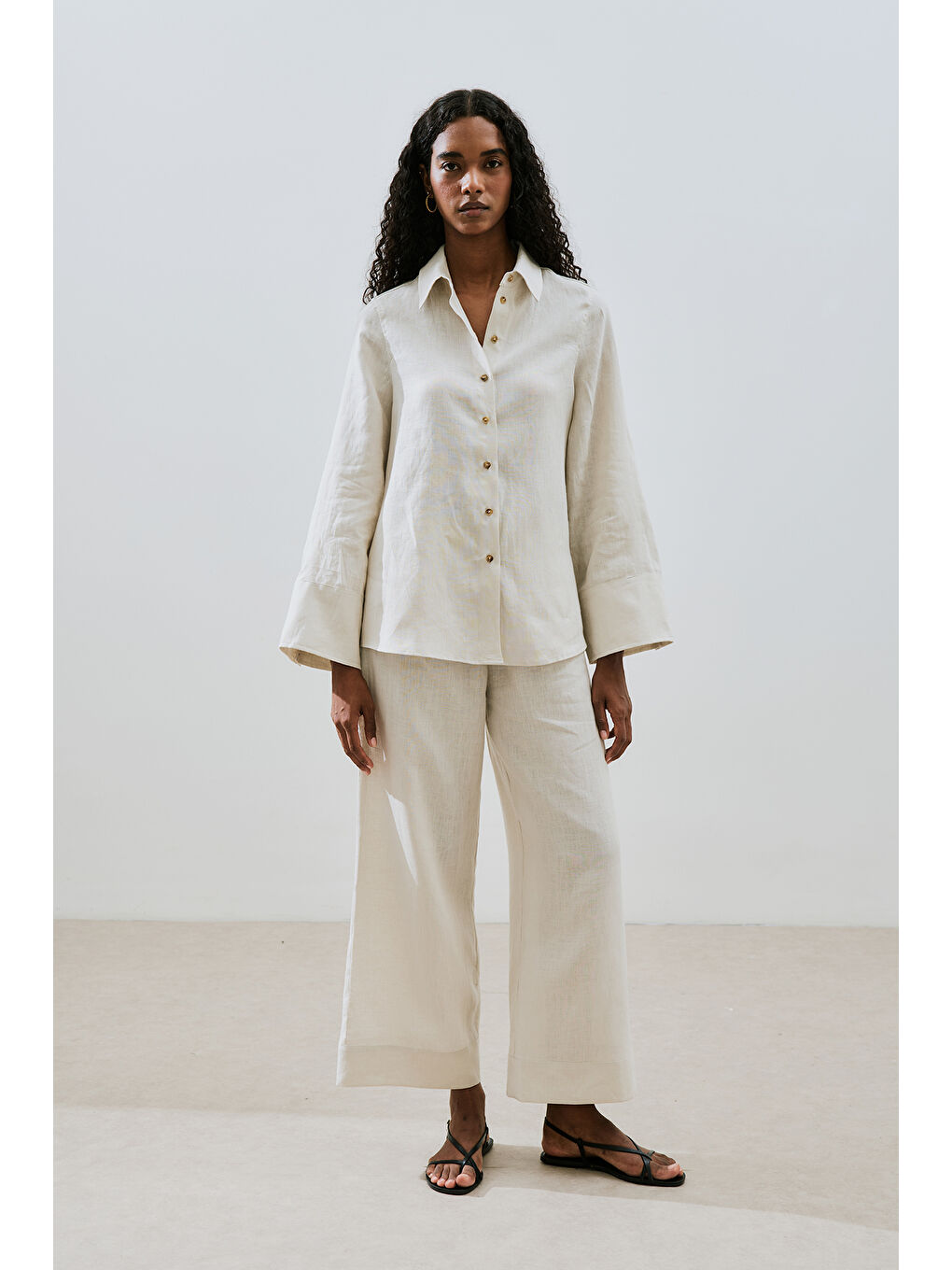 Bej Keten Geniş Manşetli Gömlek Taş-4