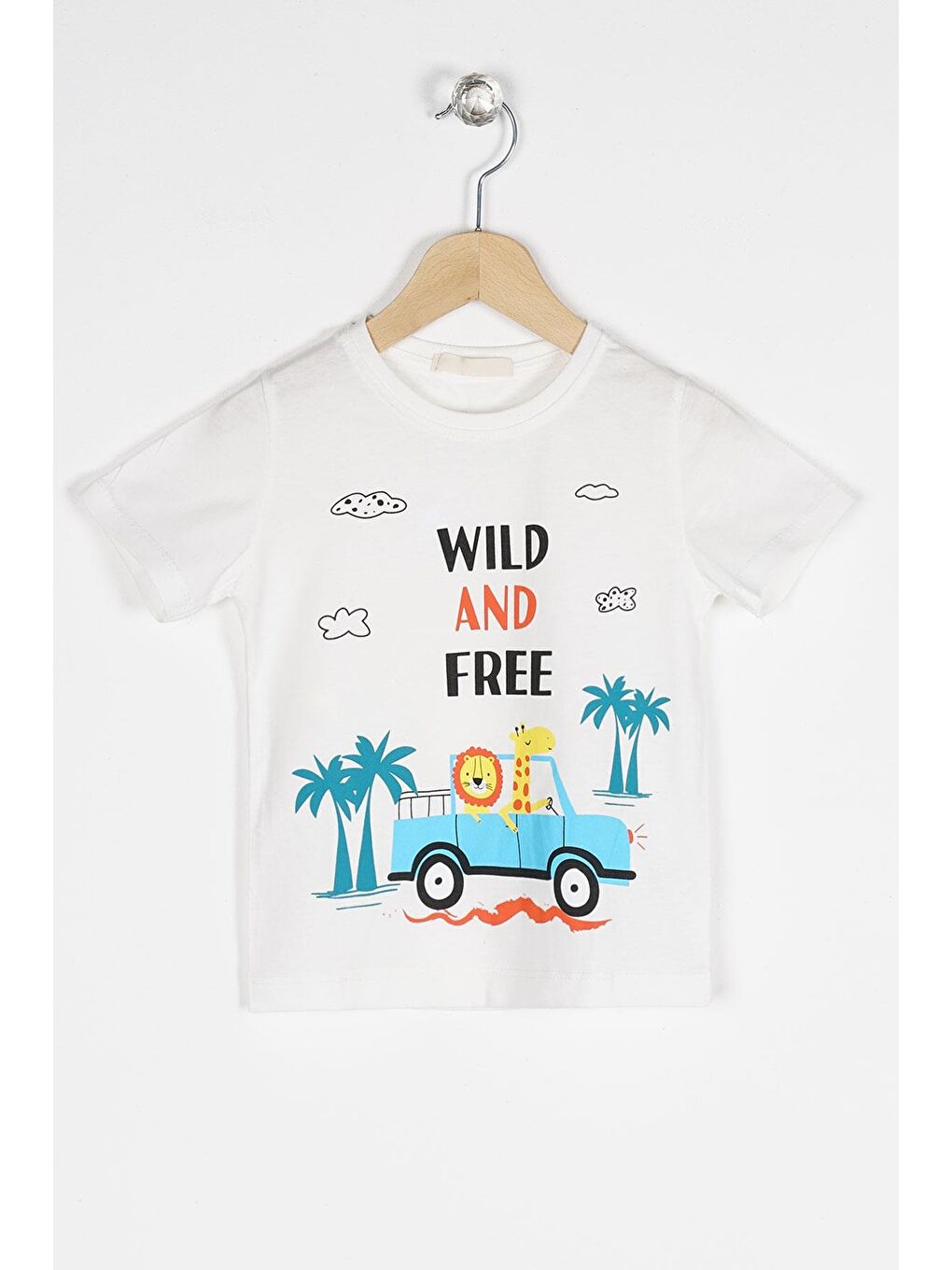 Bisiklet Yaka Kısa Kol Araba Baskılı Beyaz Renk Erkek Çocuk Tshirt