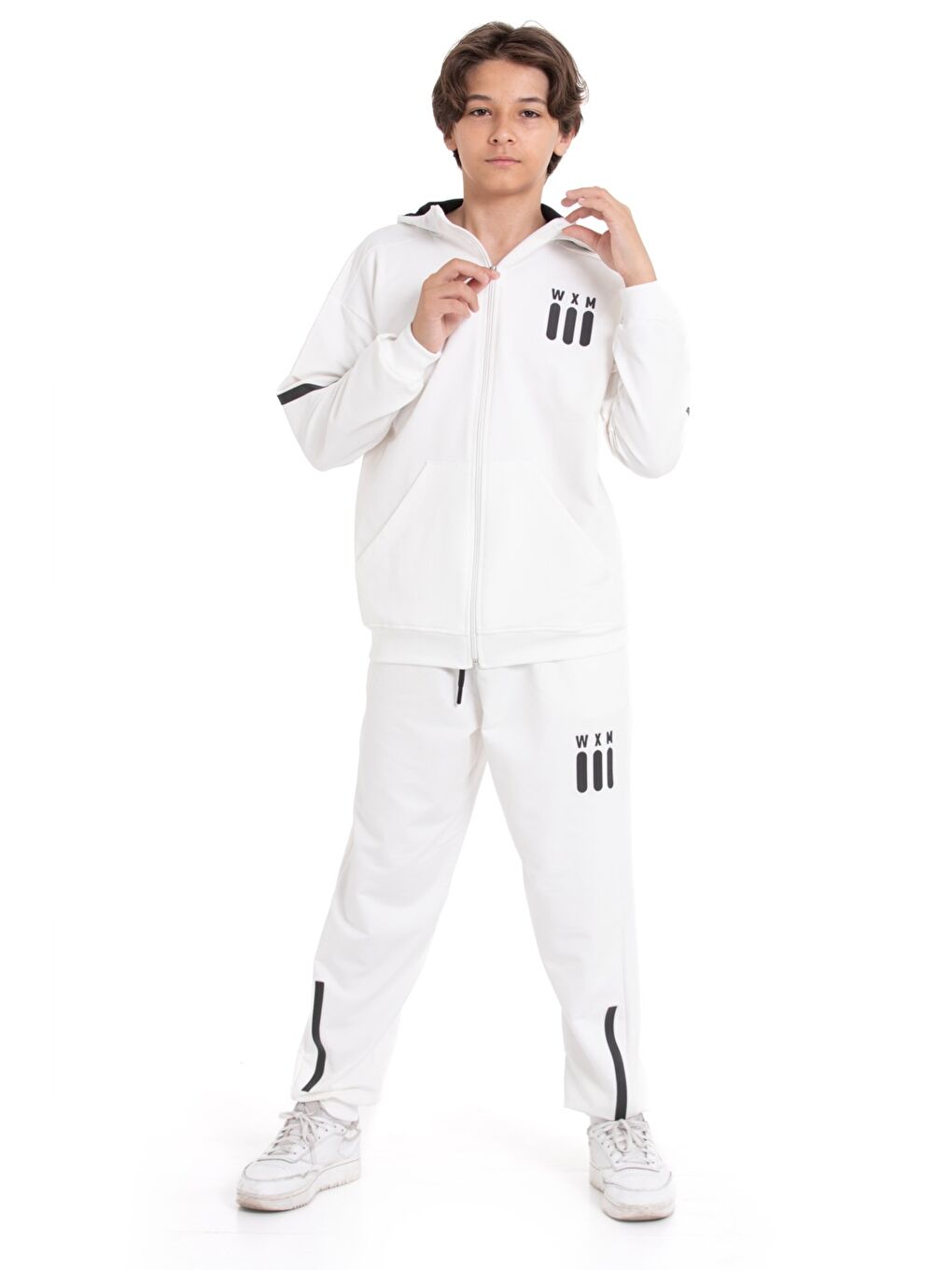 Beyaz Erkek Çocuk Eşofman Takımı - 2 İplik-Fermuarlı- Kapüşonlu 1216.1-1