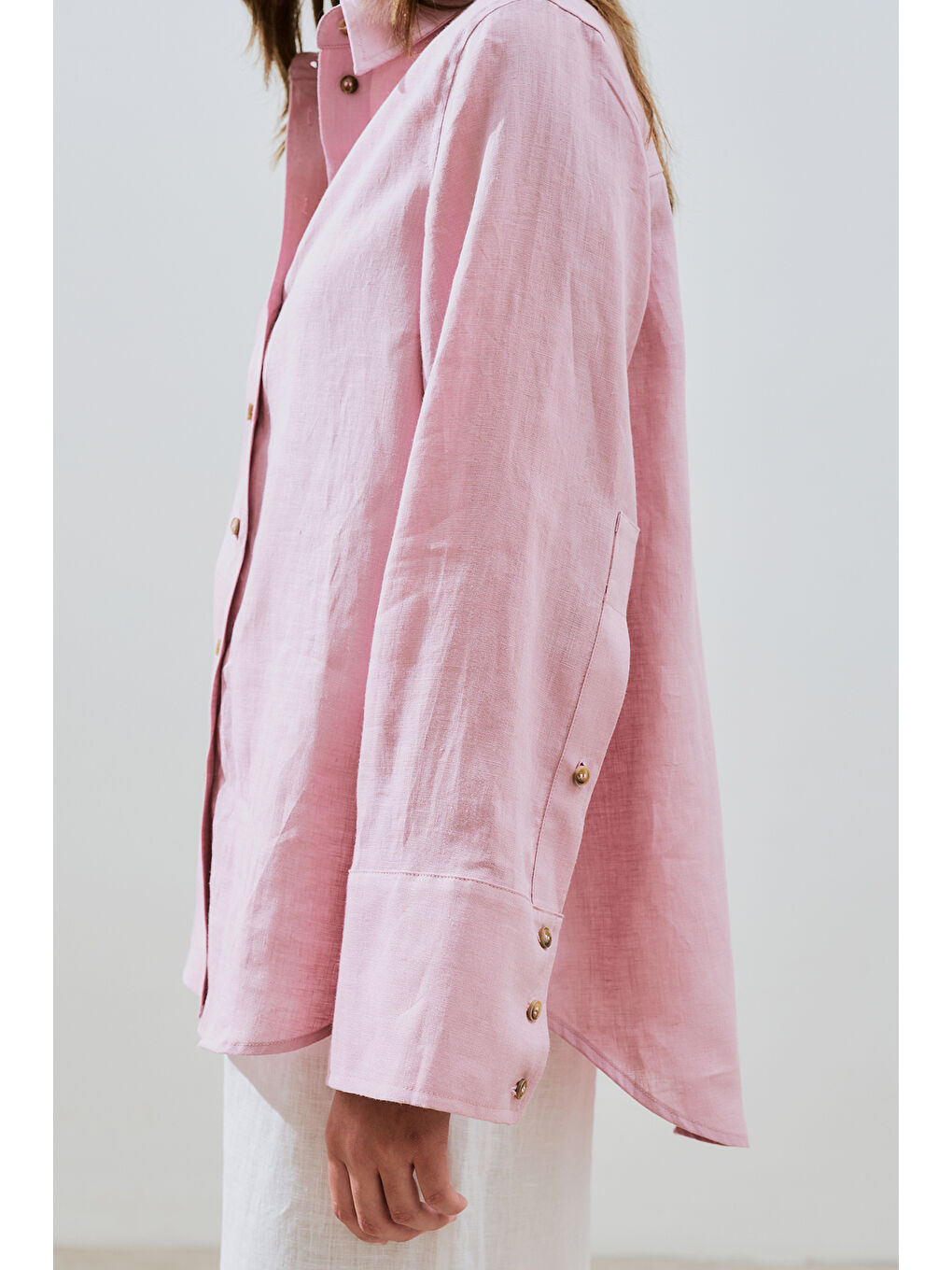 Keten Geniş Manşetli Gömlek Pembe-5