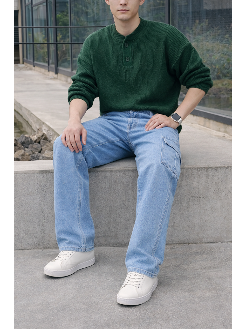 Erkek Yüksek Bel Premium B.Mavi Kargo Baggy Pantolon-3