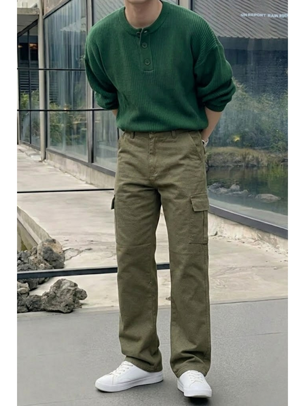 Erkek Yüksek Bel Premium Haki Kargo Baggy Pantolon-1