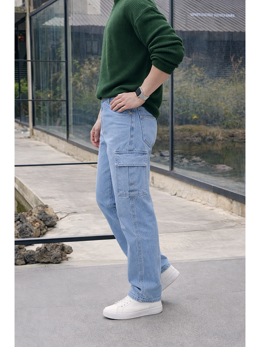 Erkek Yüksek Bel Premium B.Mavi Kargo Baggy Pantolon-4