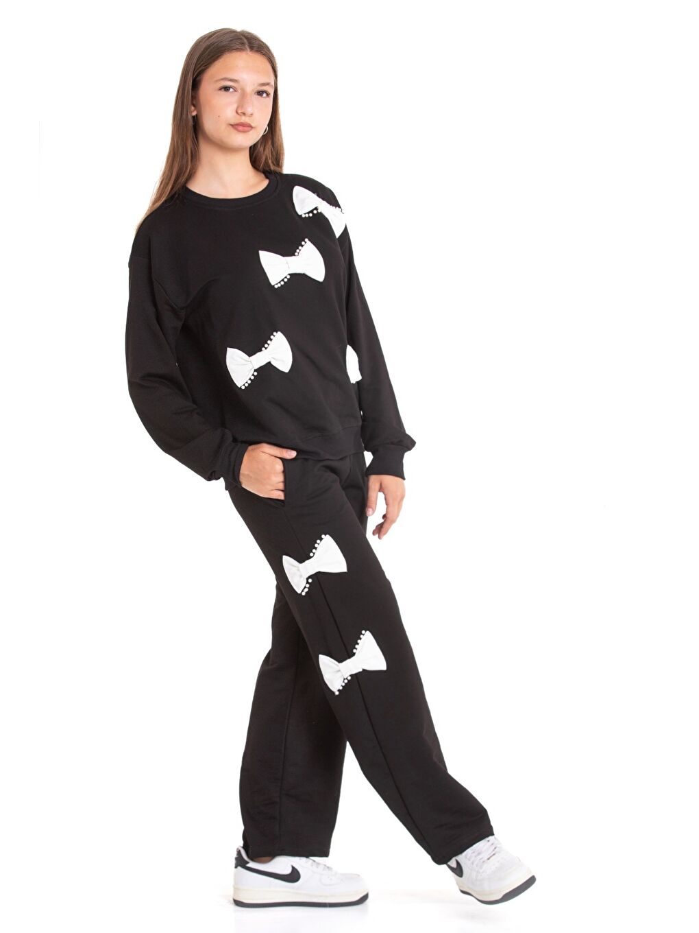 Siyah Kız Çocuk Fiyonk Süslemeli 2 İplik Alt-Üst Takım 12223.1-1