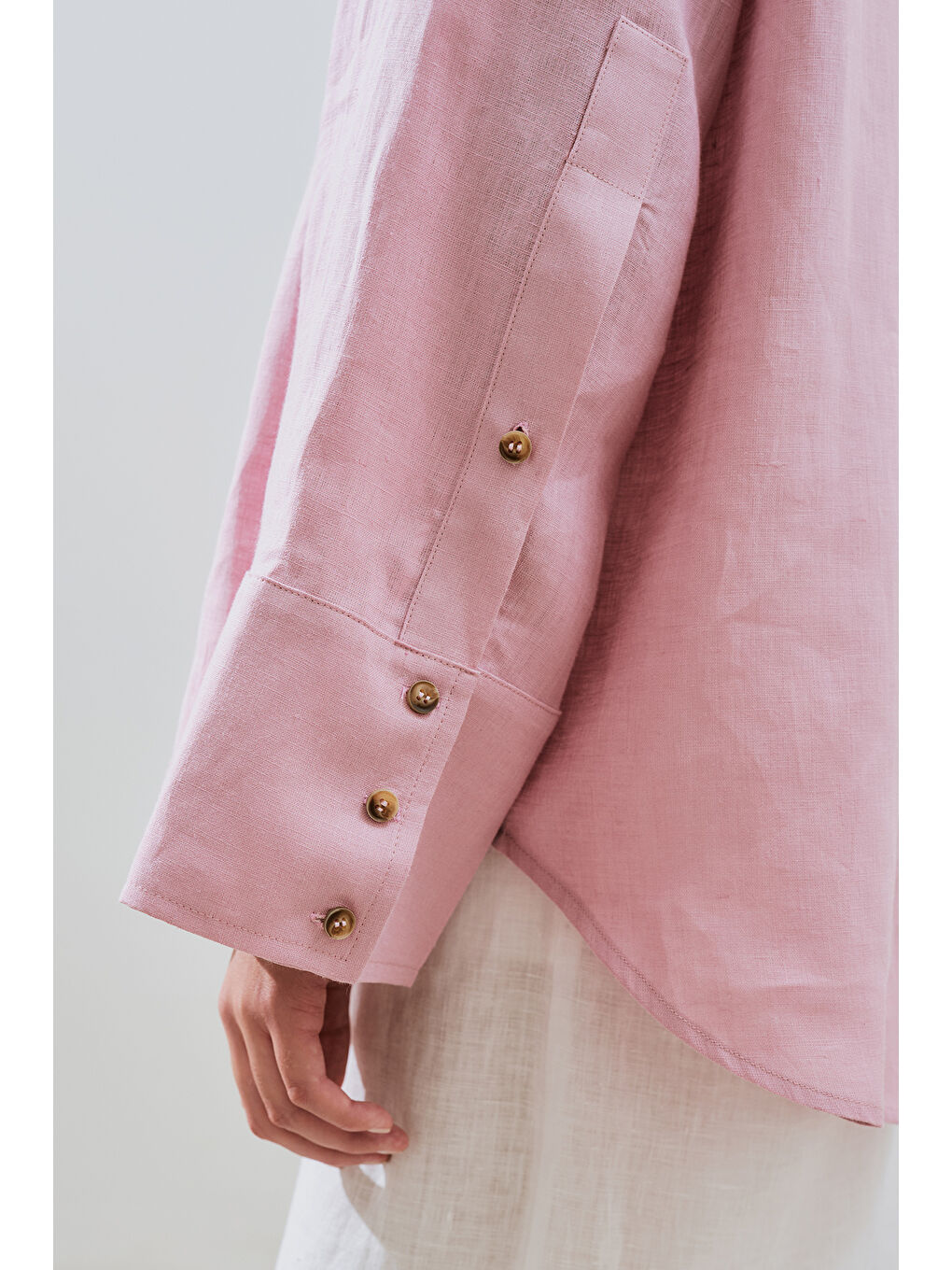Keten Geniş Manşetli Gömlek Pembe-6