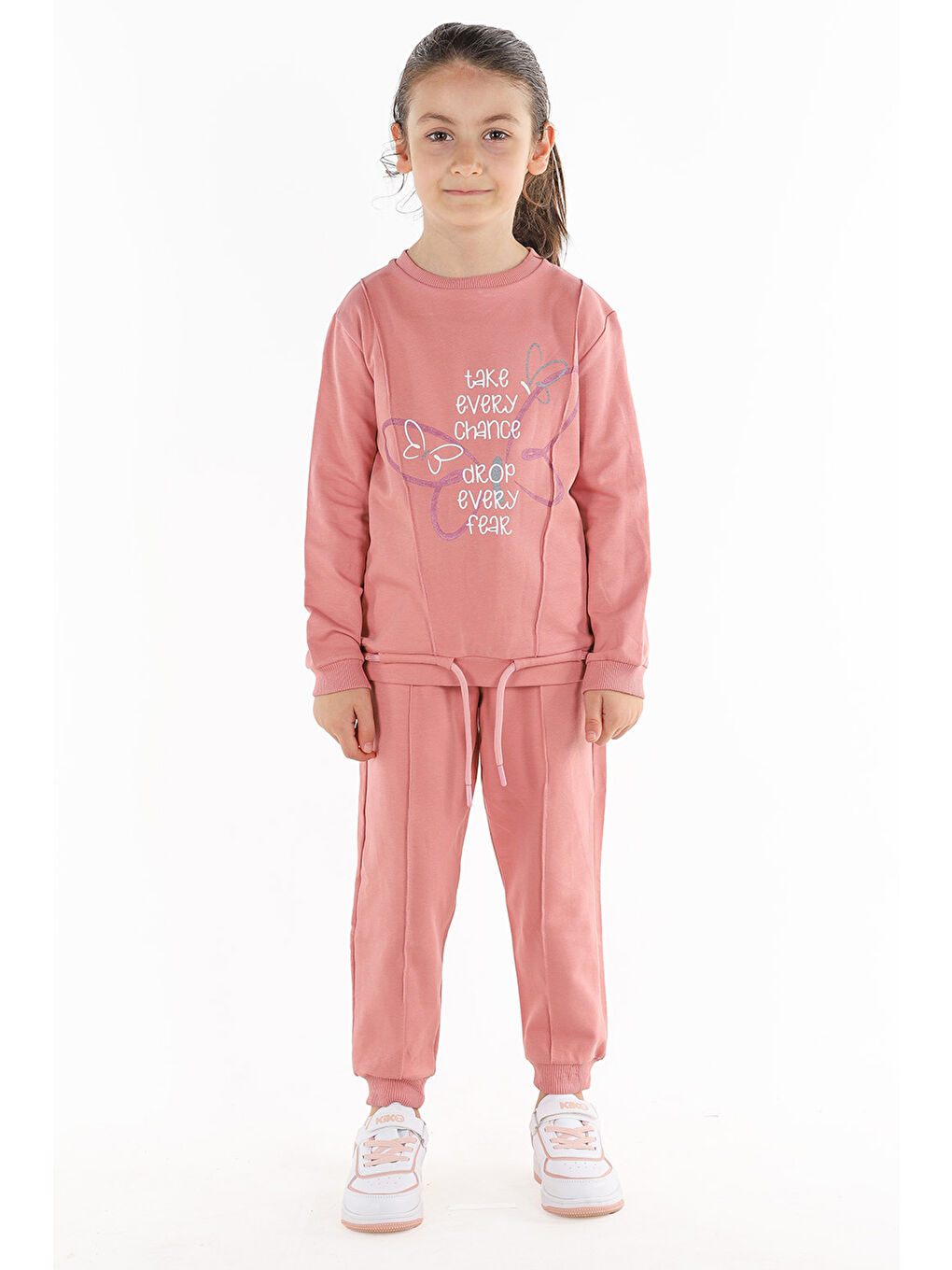 Pembe Kelebek Baskılı Kız Çocuk Sweatshirt Eşofman 2'Li Takım