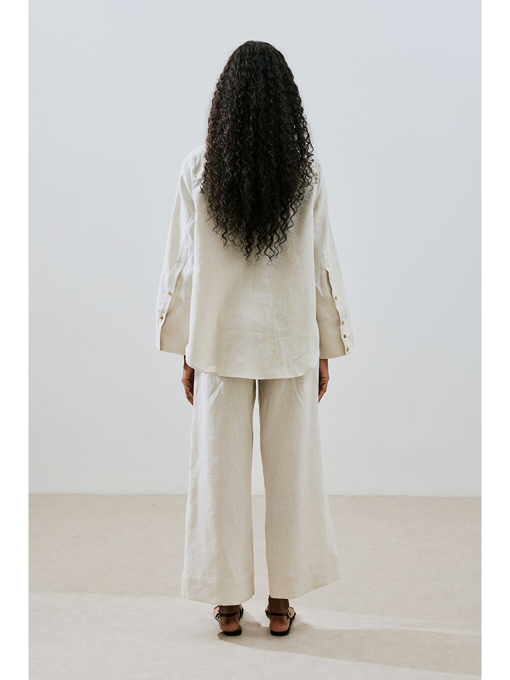 Bej Keten Geniş Manşetli Gömlek Taş-6