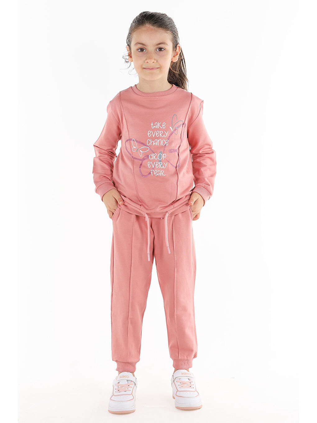 Pembe Kelebek Baskılı Kız Çocuk Sweatshirt Eşofman 2'Li Takım-1