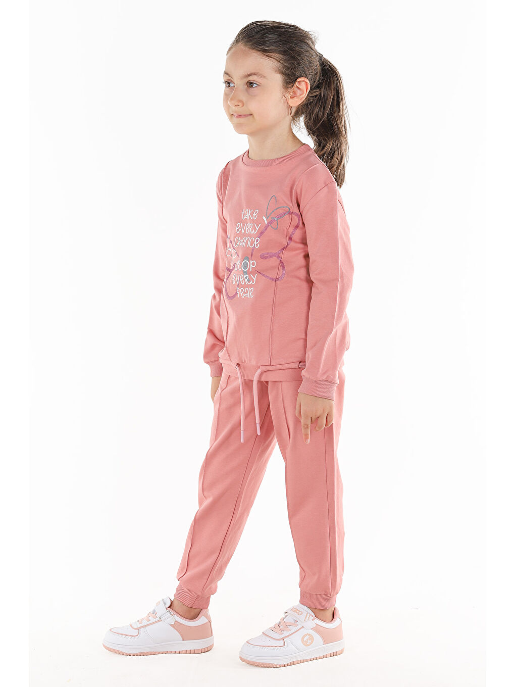 Pembe Kelebek Baskılı Kız Çocuk Sweatshirt Eşofman 2'Li Takım-2