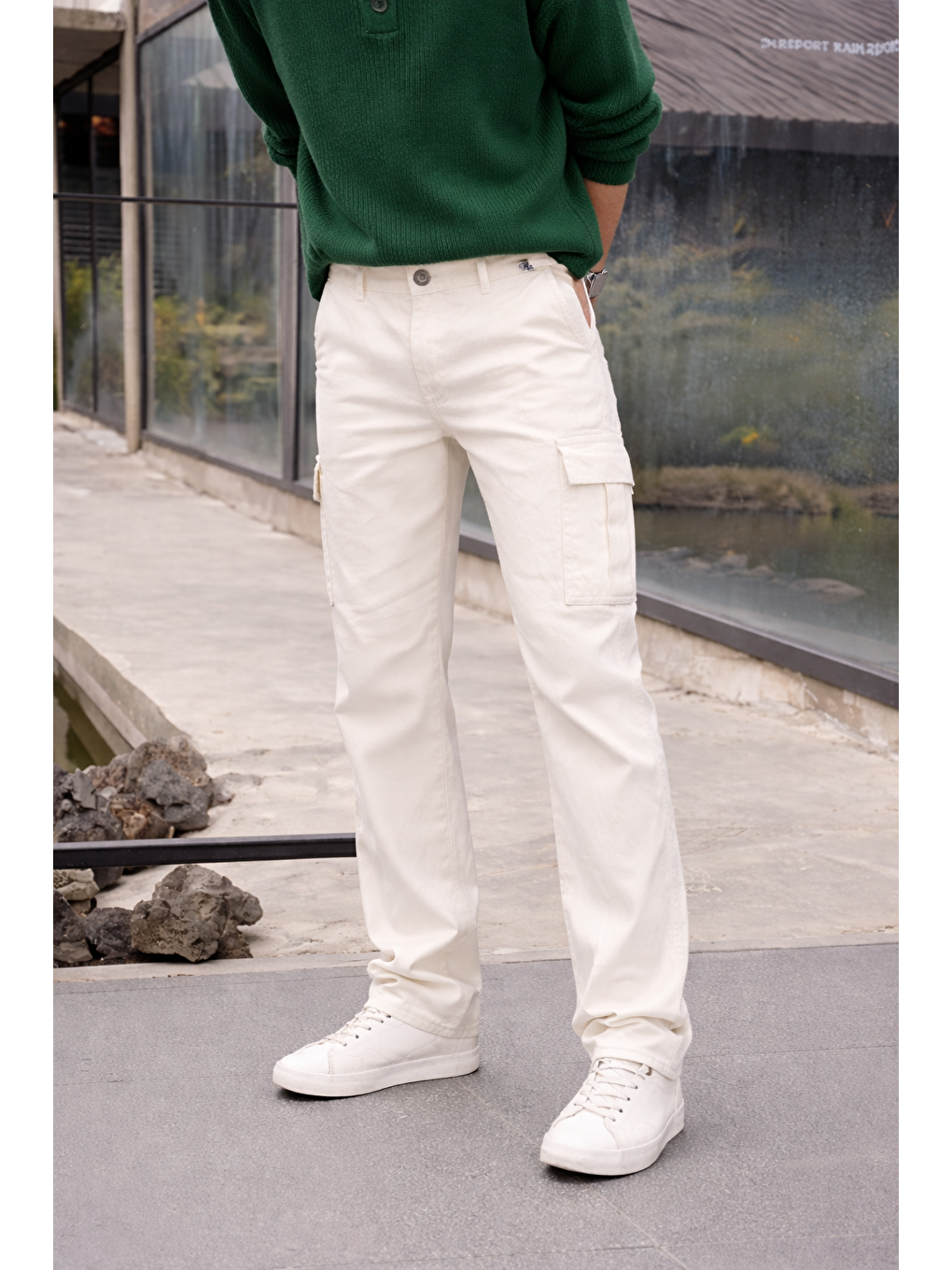 Erkek Yüksek Bel Premium Beyaz Kargo Baggy Pantolon-1