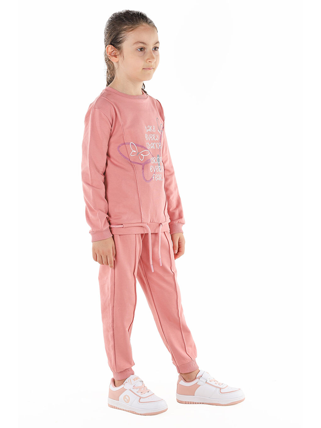Pembe Kelebek Baskılı Kız Çocuk Sweatshirt Eşofman 2'Li Takım-3