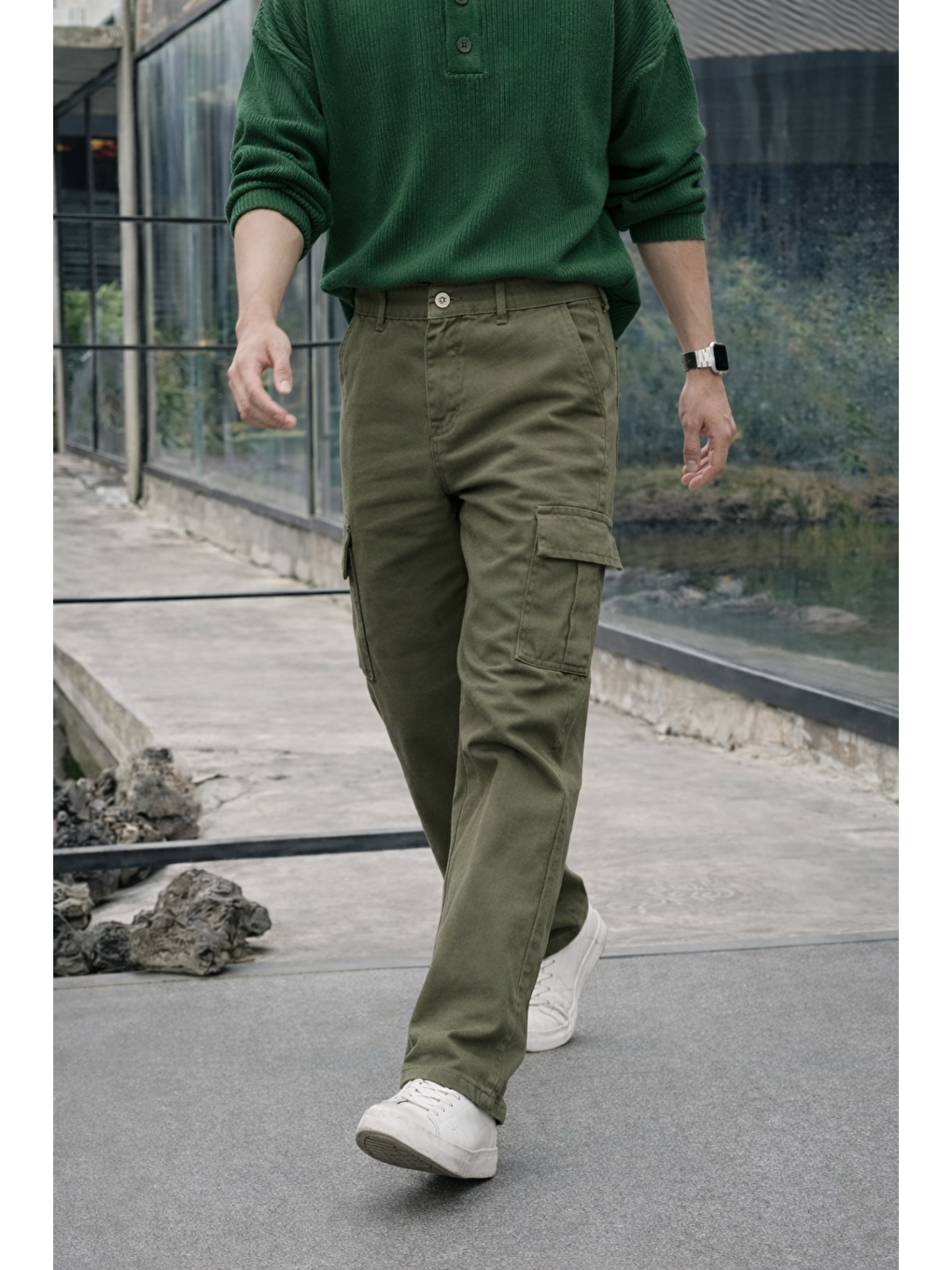 Erkek Yüksek Bel Premium Haki Kargo Baggy Pantolon-2