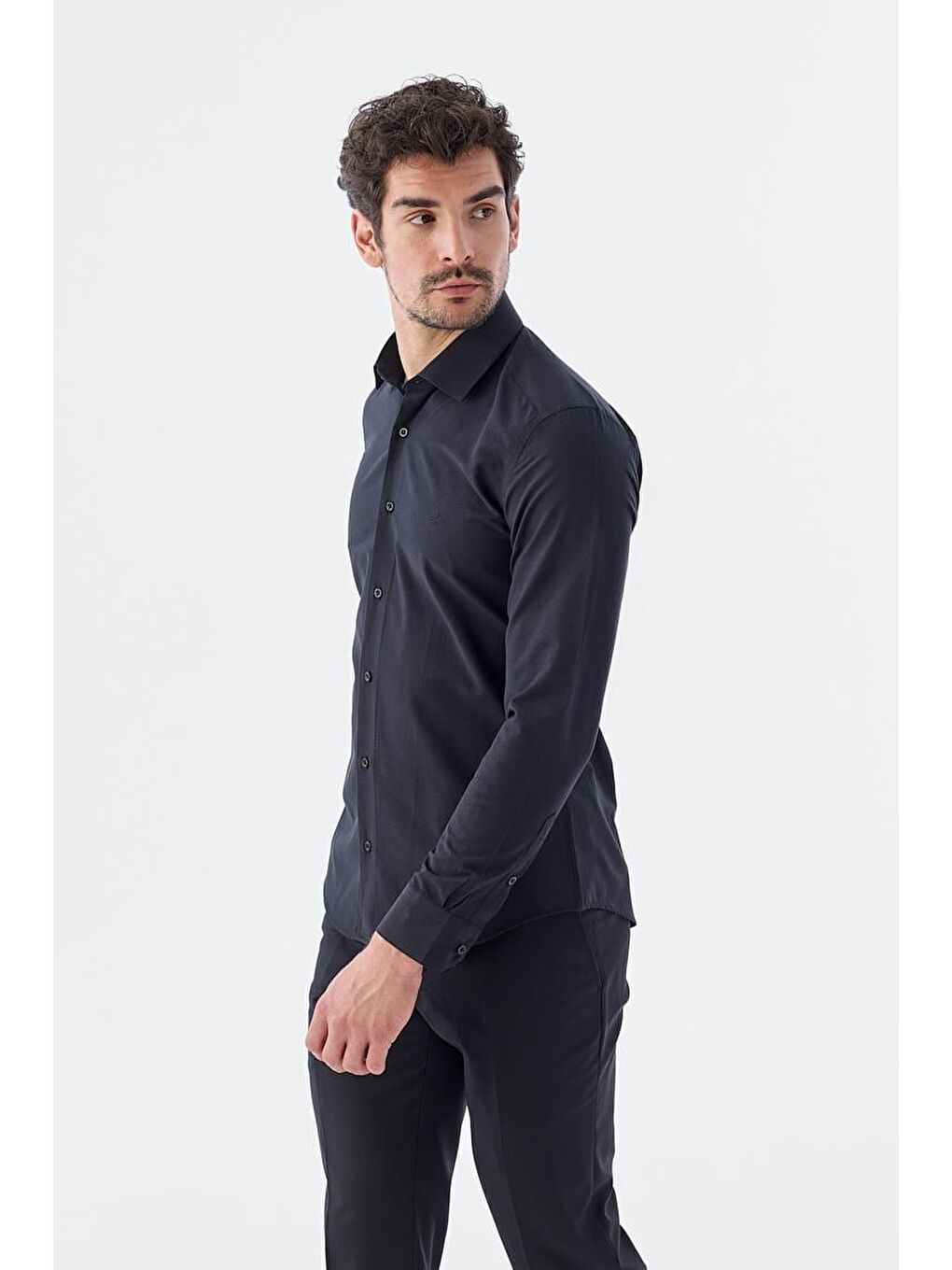 Siyah Slim Fit İtalyan Yaka Uzun Kol Klasik Kravatlık Pamuklu Gömlek-2