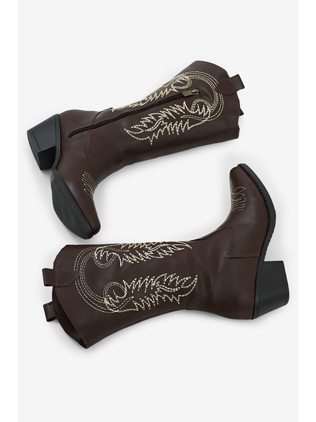 Kahverengi Kadın Kahve Termo Taban Nakış İşlemeli Fermuarlı Topuklu Western Kovboy Bot-4