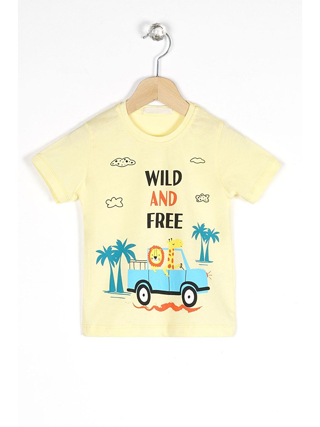 Bisiklet Yaka Kısa Kol Araba Baskılı Sarı Renk Erkek Çocuk Tshirt