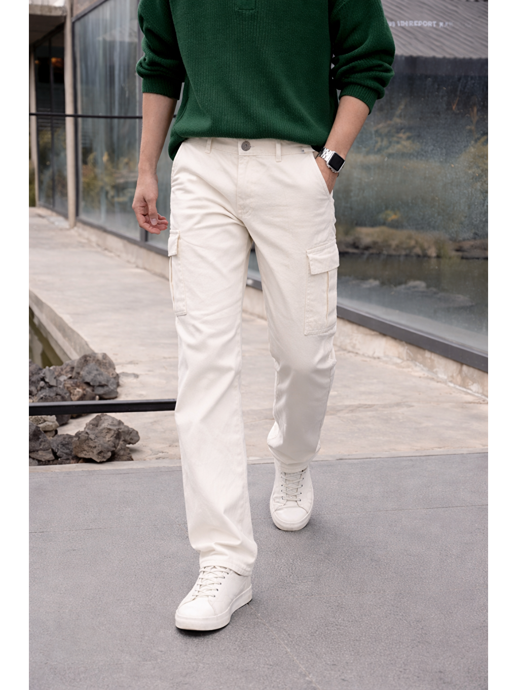 Erkek Yüksek Bel Premium Beyaz Kargo Baggy Pantolon-2