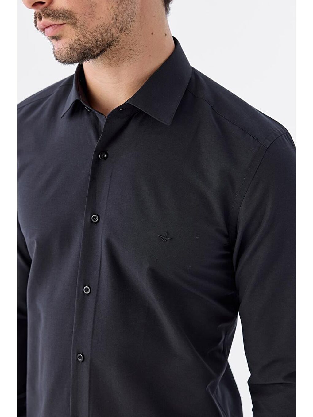 Siyah Slim Fit İtalyan Yaka Uzun Kol Klasik Kravatlık Pamuklu Gömlek-3