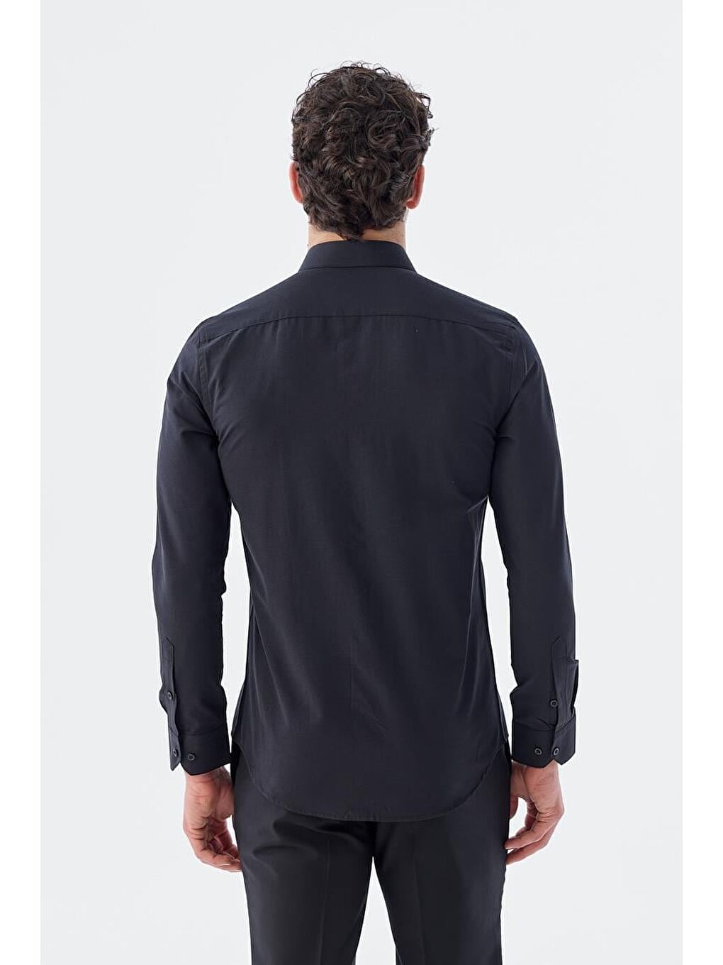 Siyah Slim Fit İtalyan Yaka Uzun Kol Klasik Kravatlık Pamuklu Gömlek-4