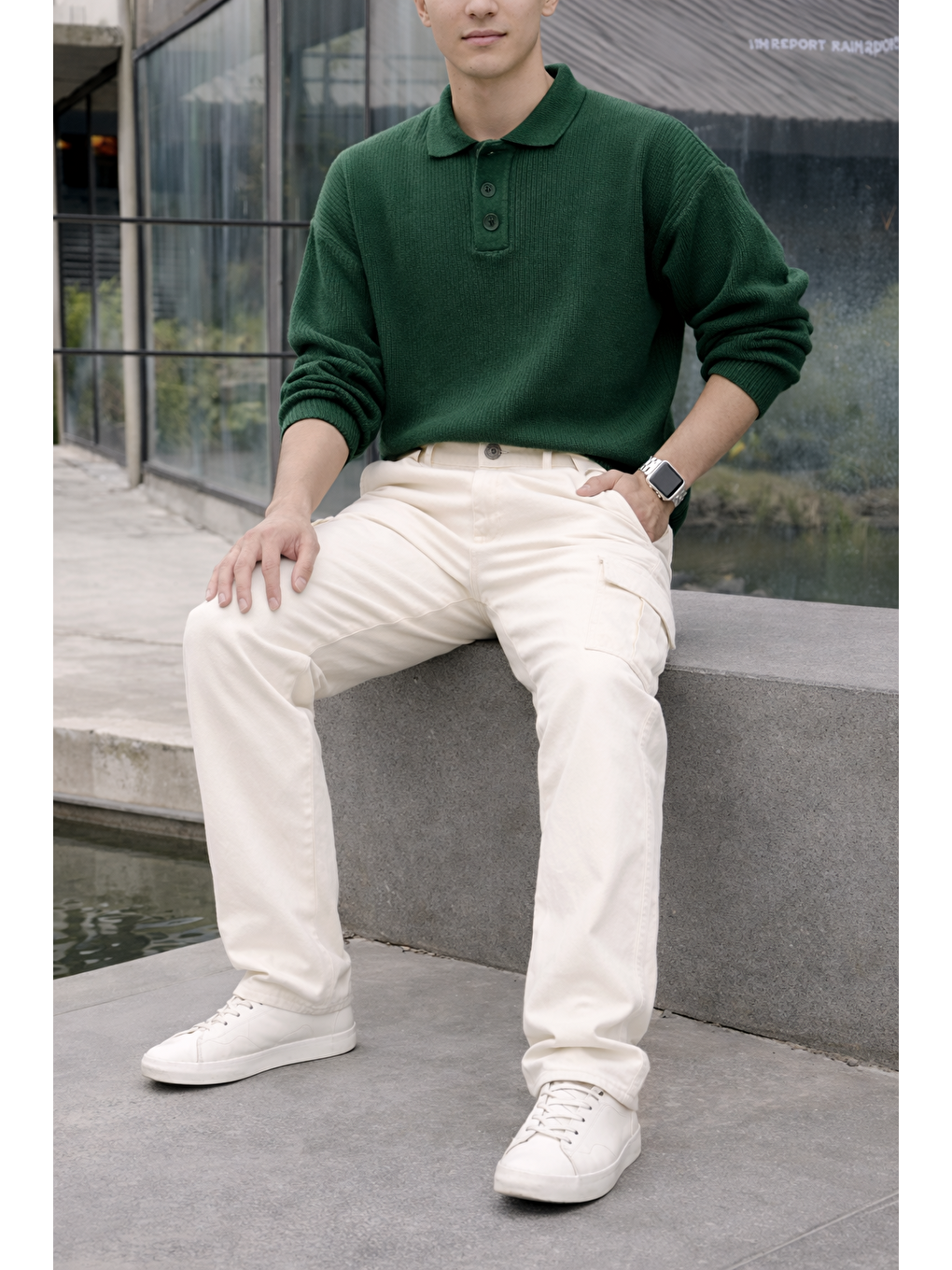 Erkek Yüksek Bel Premium Beyaz Kargo Baggy Pantolon-3