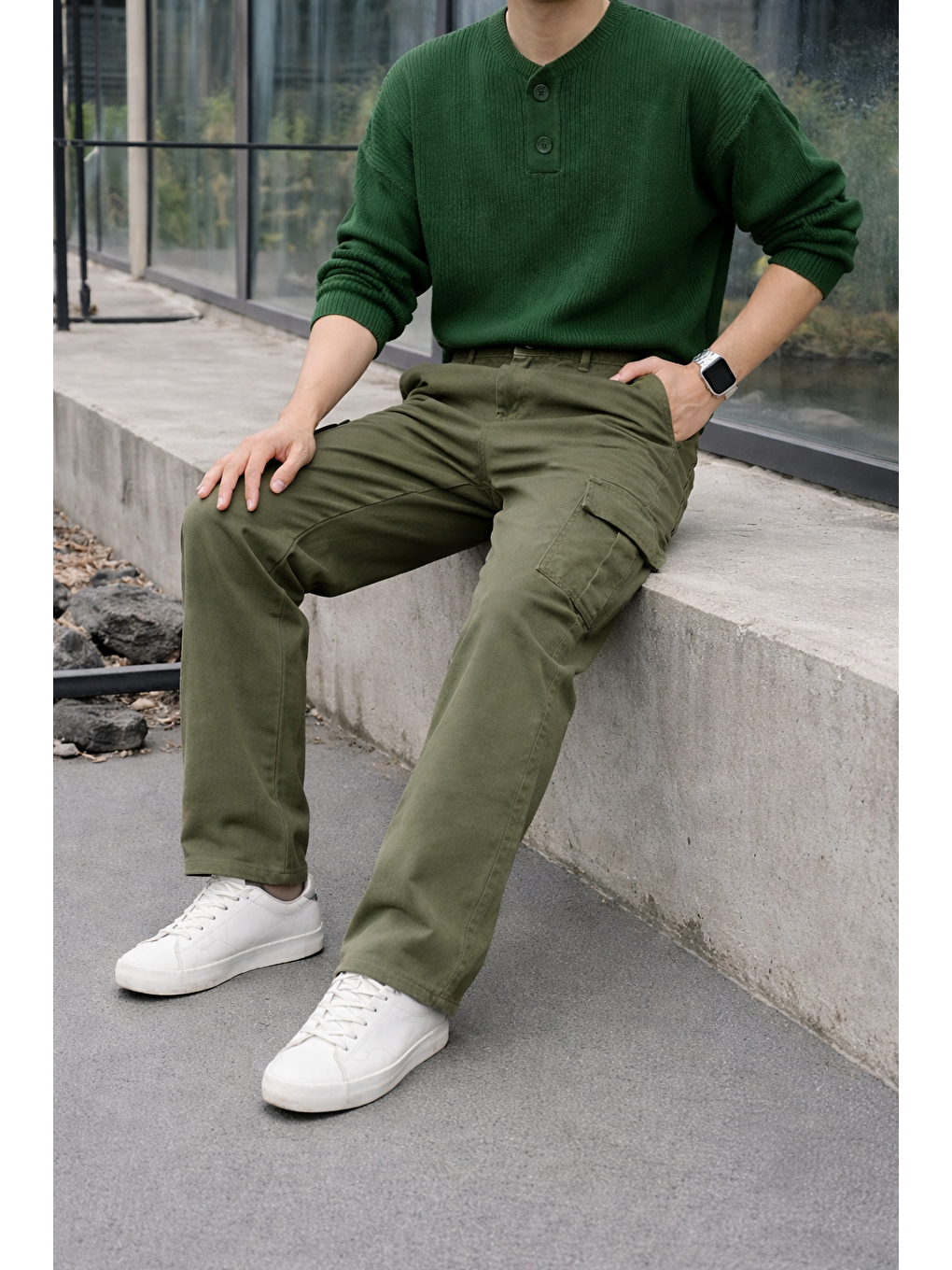 Erkek Yüksek Bel Premium Haki Kargo Baggy Pantolon-3