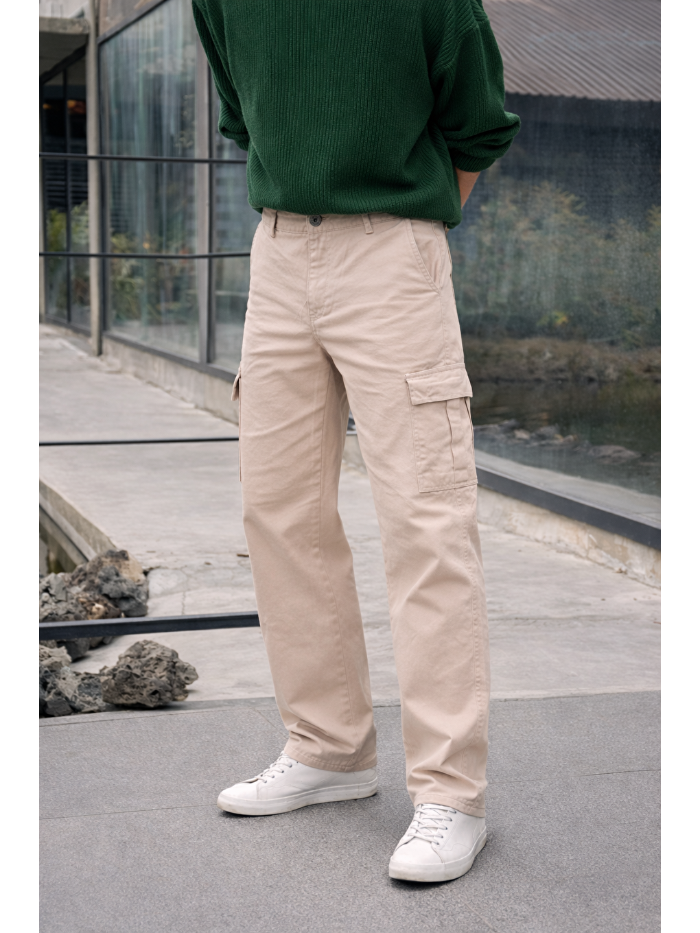 Erkek Yüksek Bel Premium Bej Kargo Baggy Pantolon-1