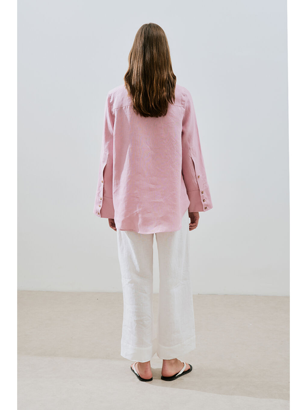 Keten Geniş Manşetli Gömlek Pembe-7