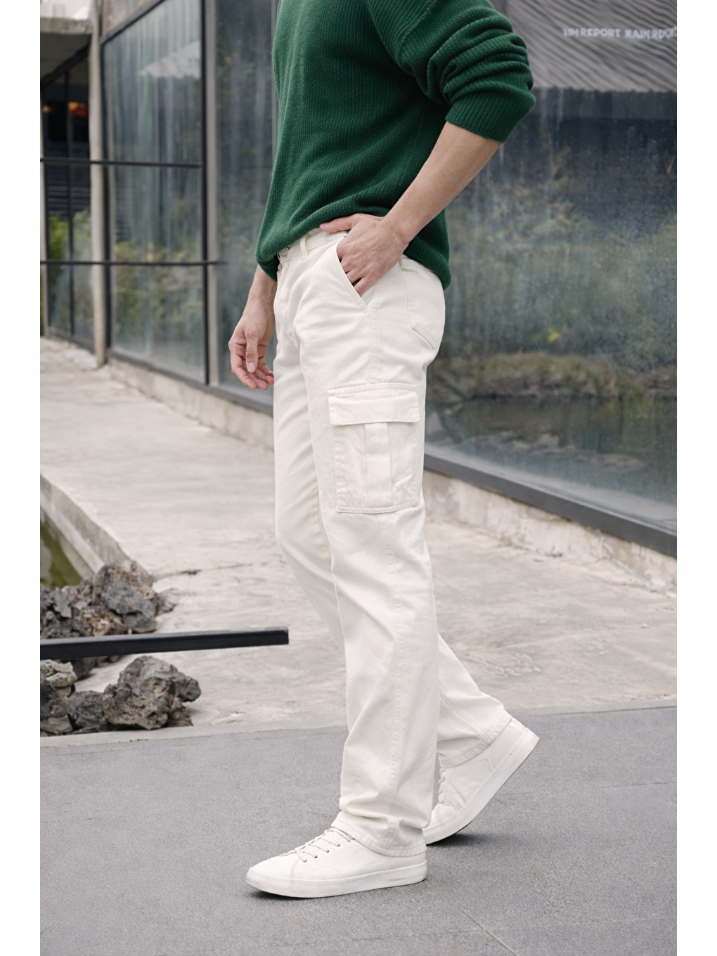 Erkek Yüksek Bel Premium Beyaz Kargo Baggy Pantolon-4