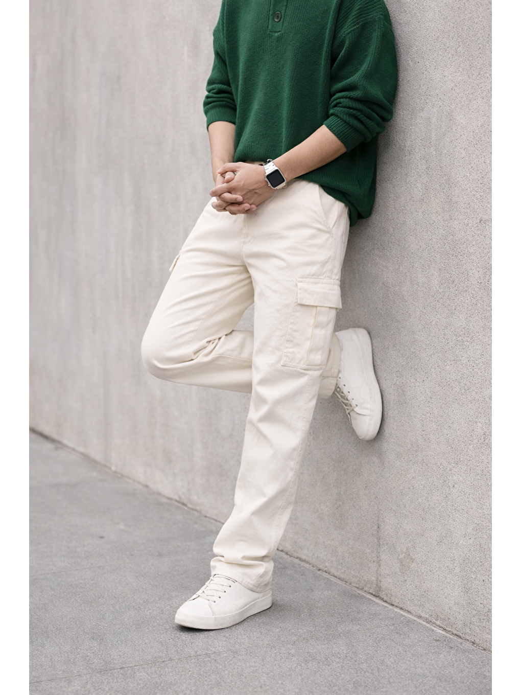 Erkek Yüksek Bel Premium Beyaz Kargo Baggy Pantolon-5