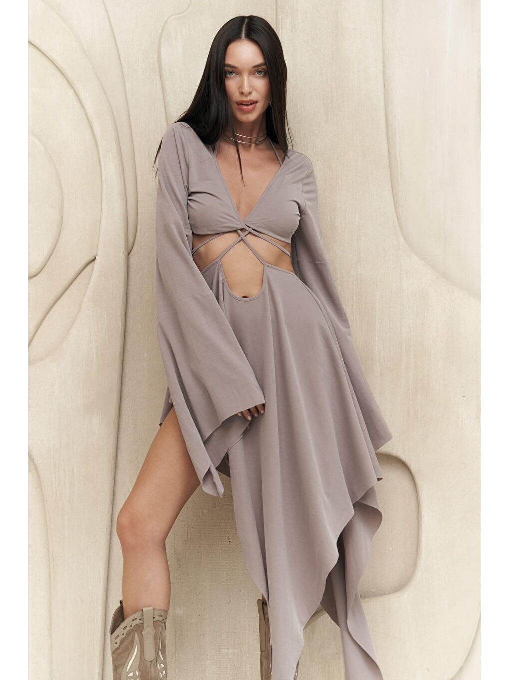 Coachella Gri Crop Elbise Takım