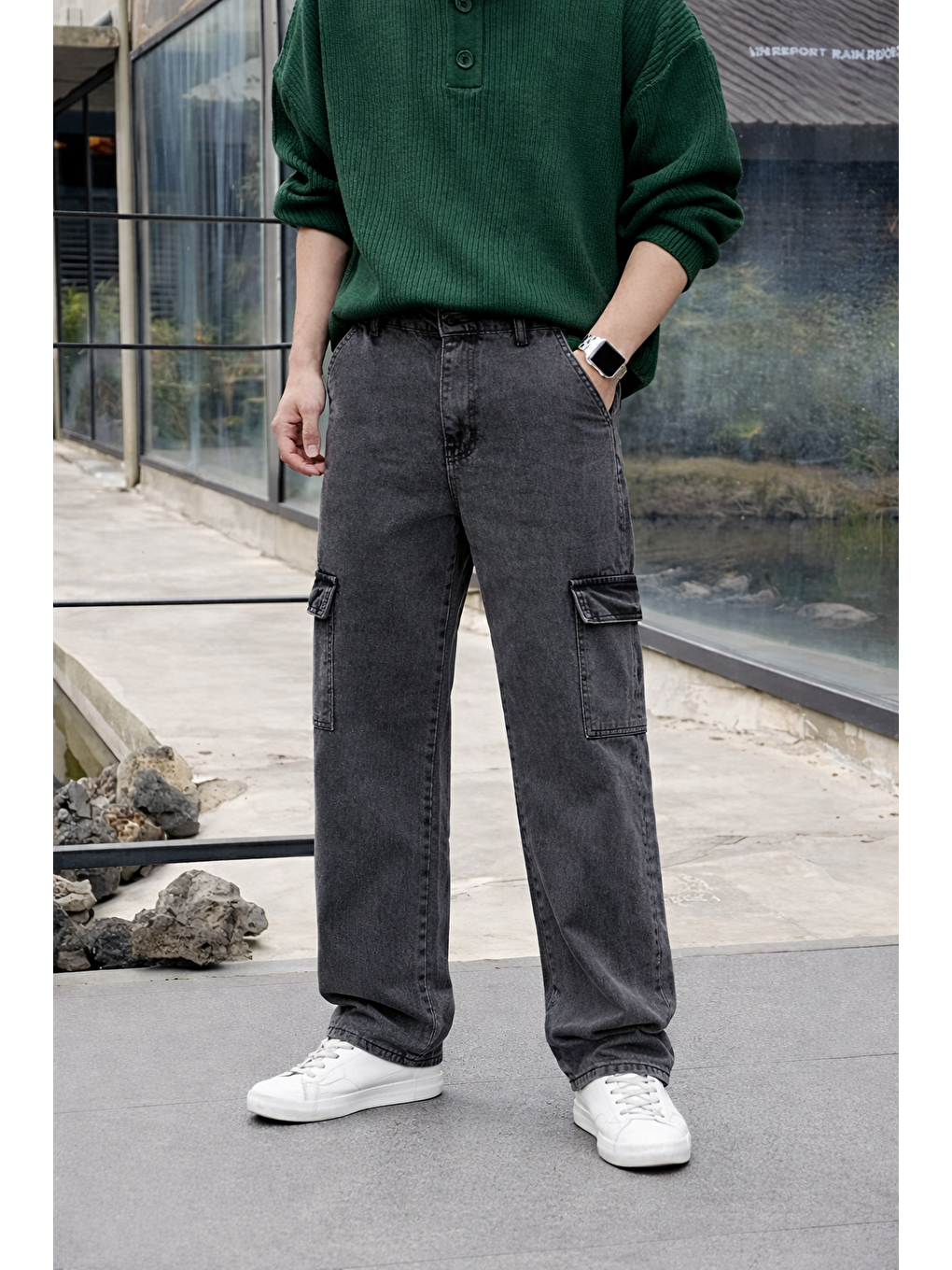 Erkek Yüksek Bel Premium Antrasit Kargo Baggy Pantolon