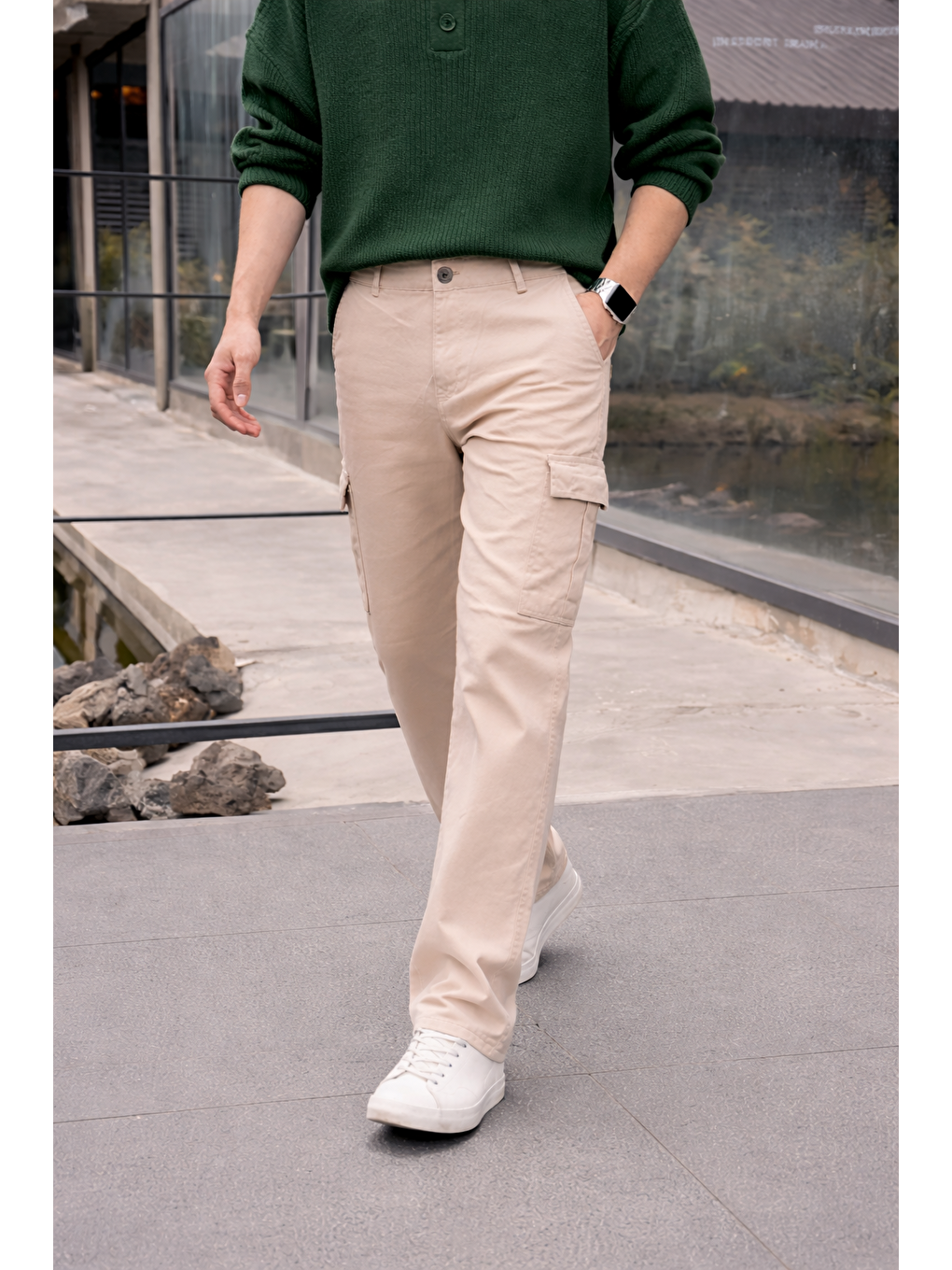 Erkek Yüksek Bel Premium Bej Kargo Baggy Pantolon-2