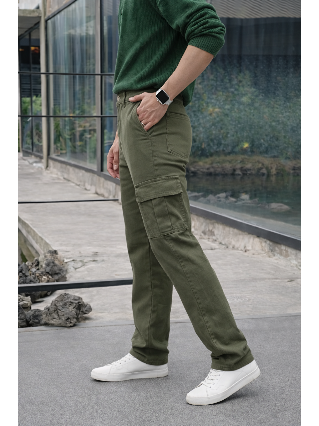 Erkek Yüksek Bel Premium Haki Kargo Baggy Pantolon-4