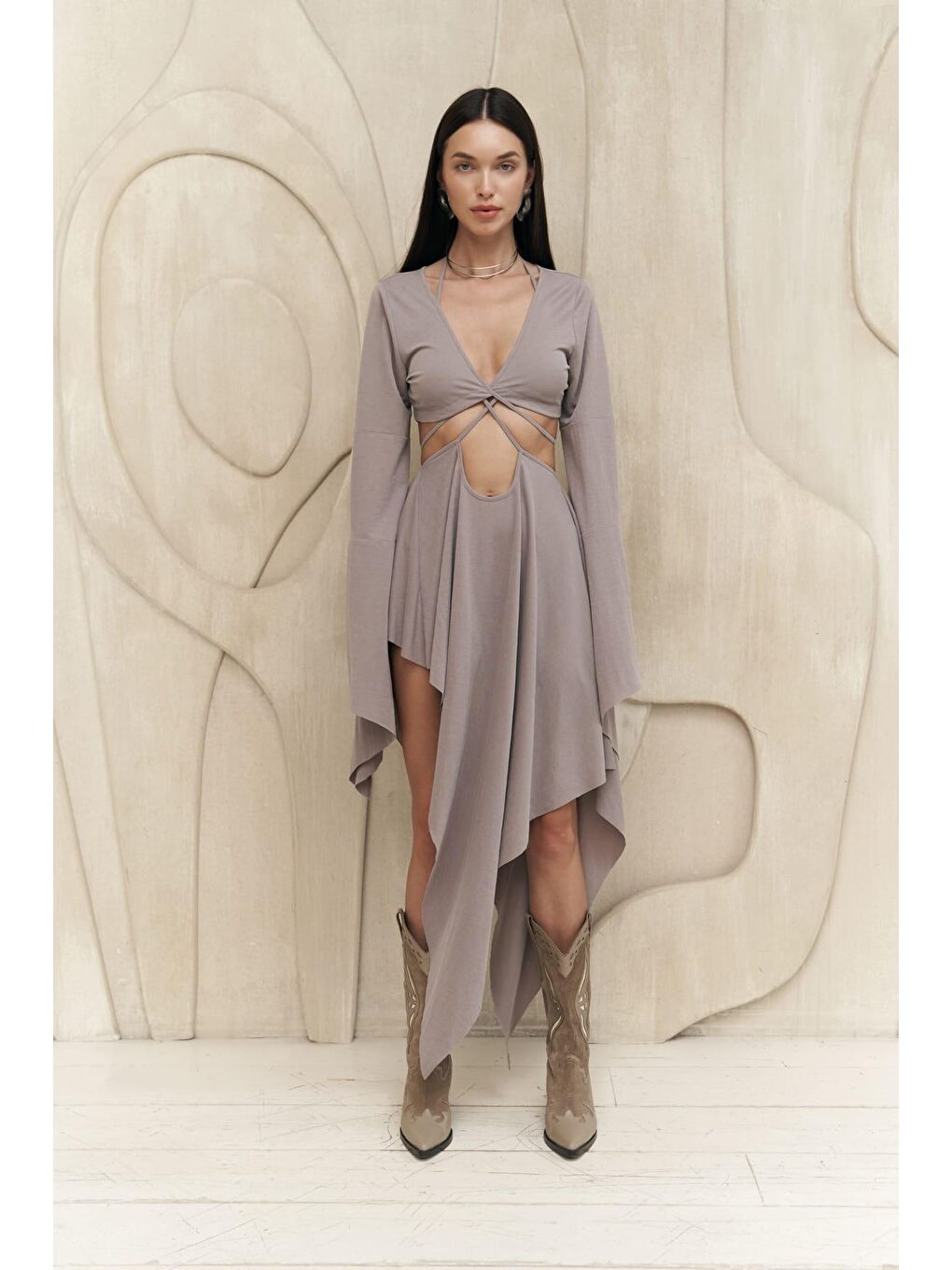 Coachella Gri Crop Elbise Takım-1