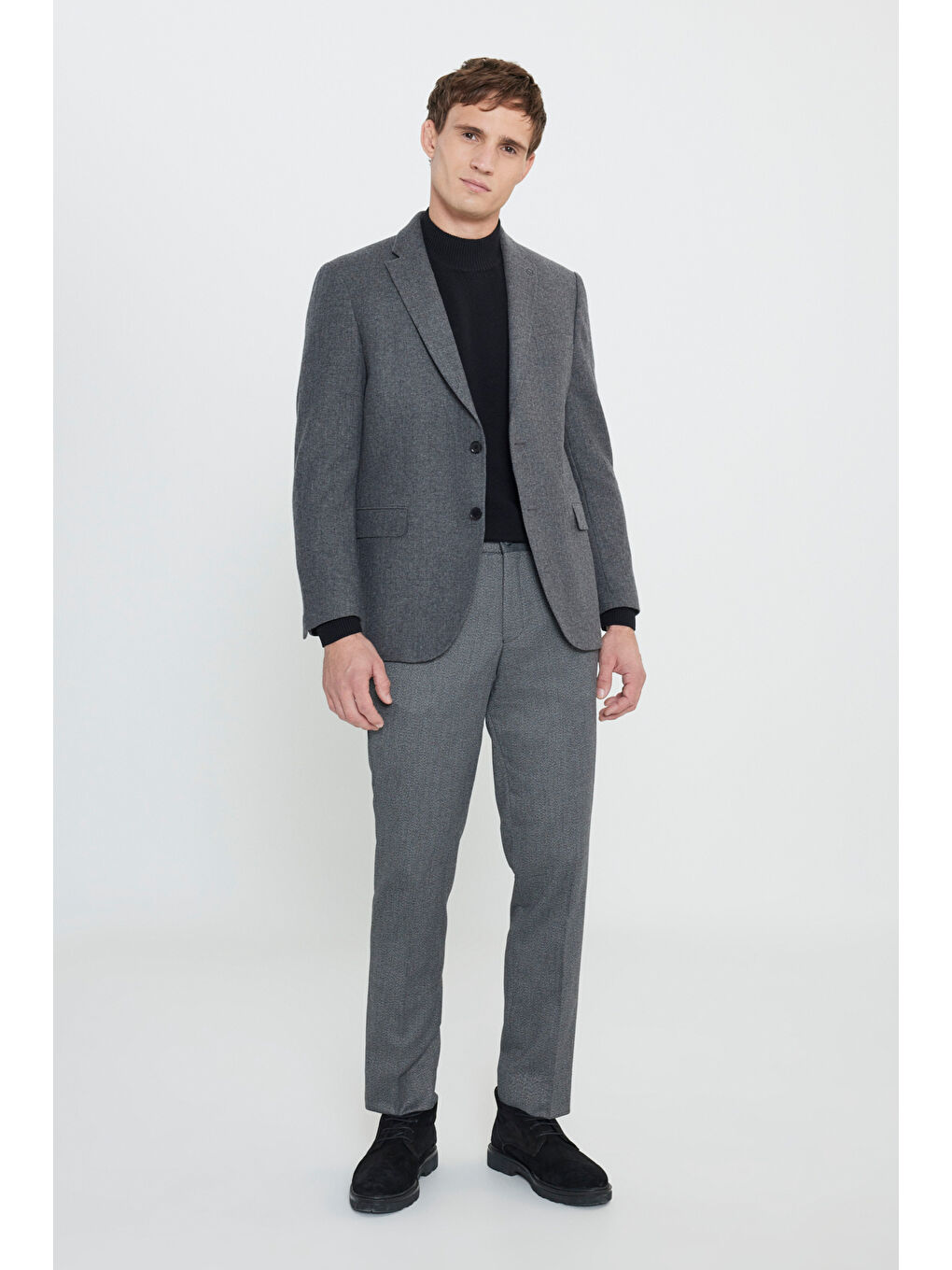 Erkek Gri Comfort Fit Rahat Kesim Mono Yaka Balıksırtı Desenli Yünlü Ceket-1
