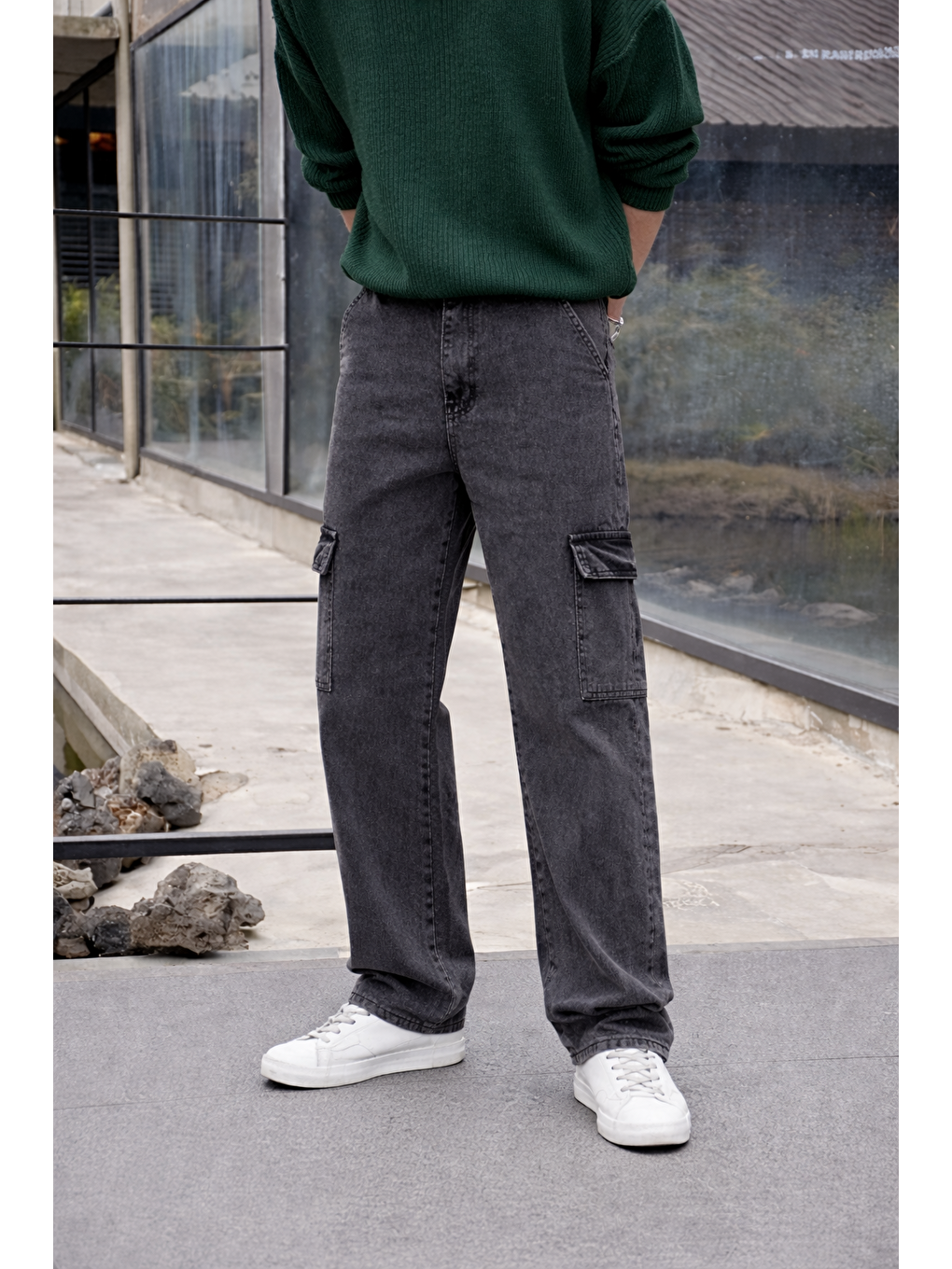 Erkek Yüksek Bel Premium Antrasit Kargo Baggy Pantolon-1