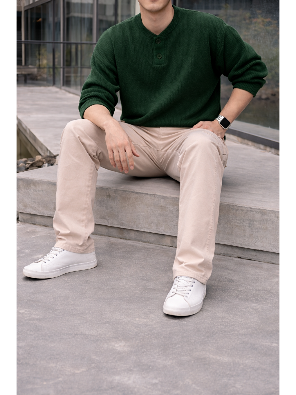 Erkek Yüksek Bel Premium Bej Kargo Baggy Pantolon-3