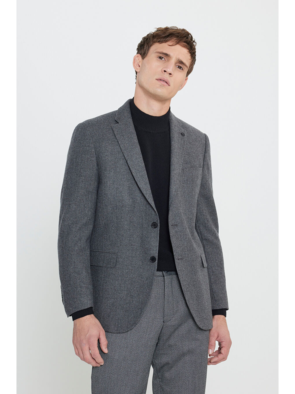 Erkek Gri Comfort Fit Rahat Kesim Mono Yaka Balıksırtı Desenli Yünlü Ceket-2