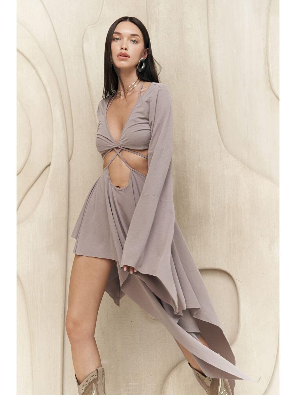 Coachella Gri Crop Elbise Takım-2